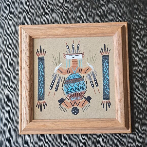 Navajo Sand Painting Art Handmade Signed 7.5" Square Wooden Frame - Picture 1 of 4